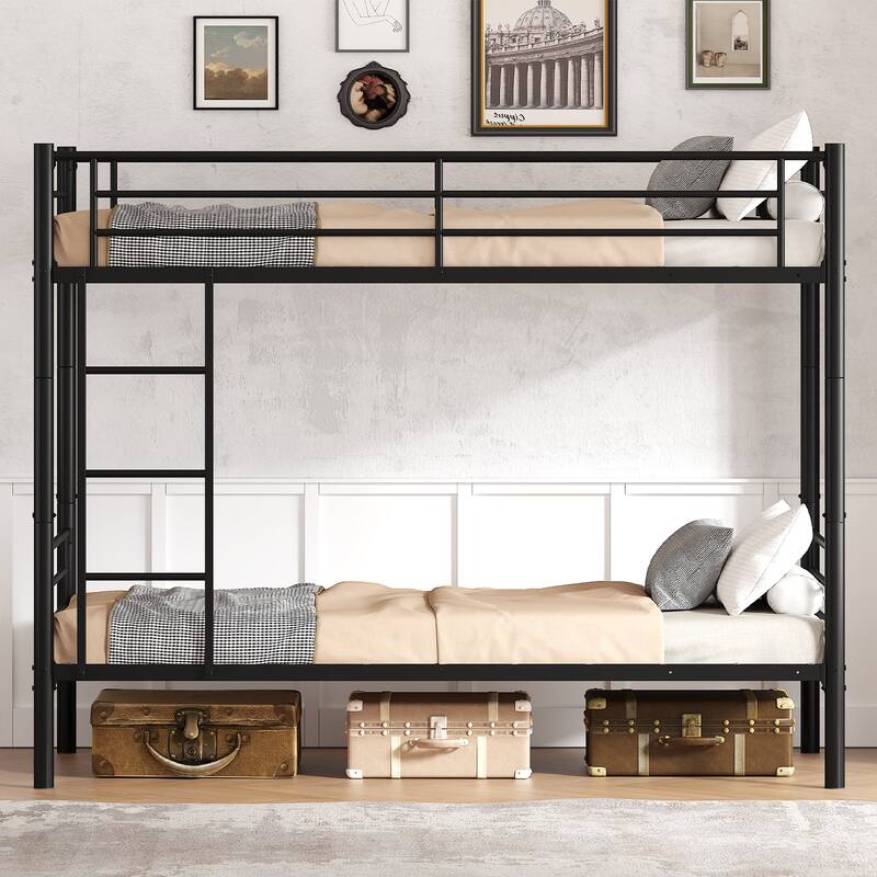 Bunk Bed Twin Over Twin, Metal Bunk Bed with Built-in Ladder and Safety Guardrail, Space-Saving Twin Bunk Beds