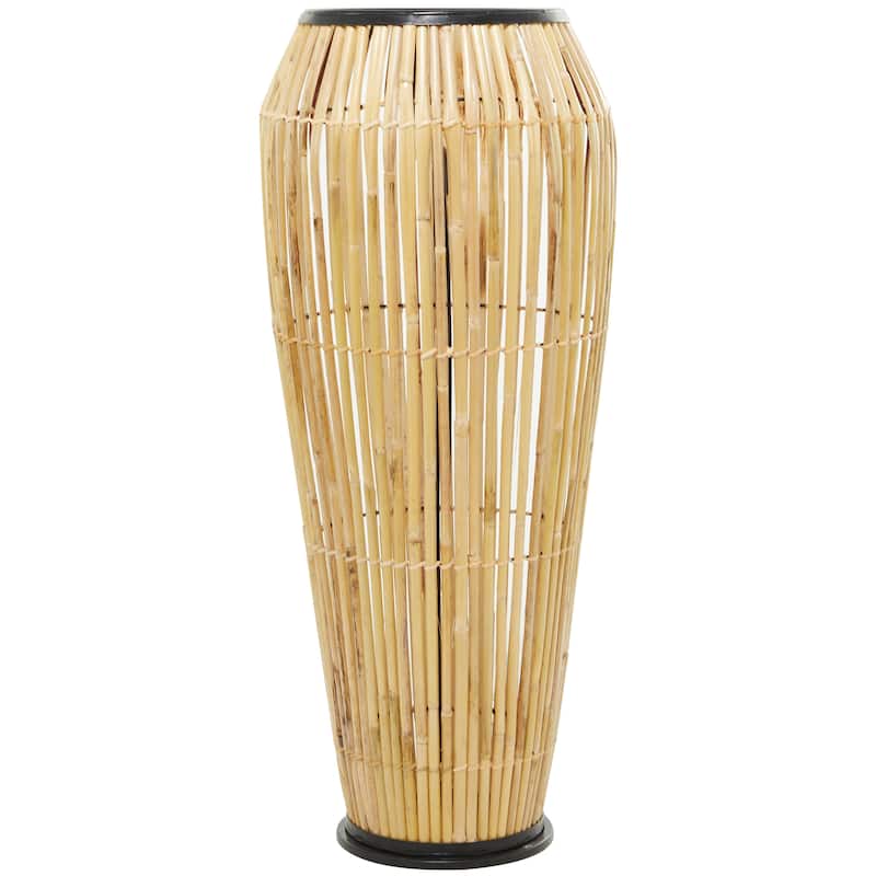 Brown Wicker Wood and Rattan Handmade Slatted Frame Vase with Black Metal Accents