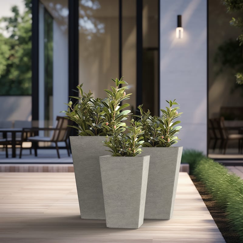 Tall Concrete Rectangle Plant Boxes / Large Indoor and Outdoor Flower Planters - 3 Piece Set (24.5, 18.5, 16 Inch High) - Pale Yellow
