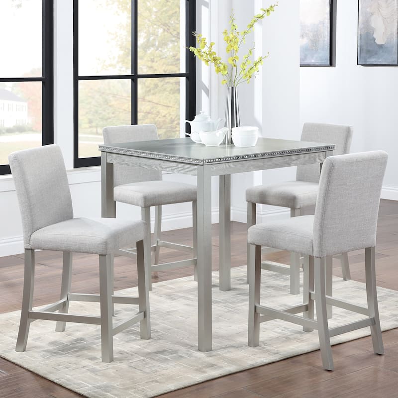 GDFStudio - Hamilton 5-Piece Classic Crystal Design Wooden Counter Height Dining Table Set with 4 Upholstered Chairs - Beige+Silver Gray