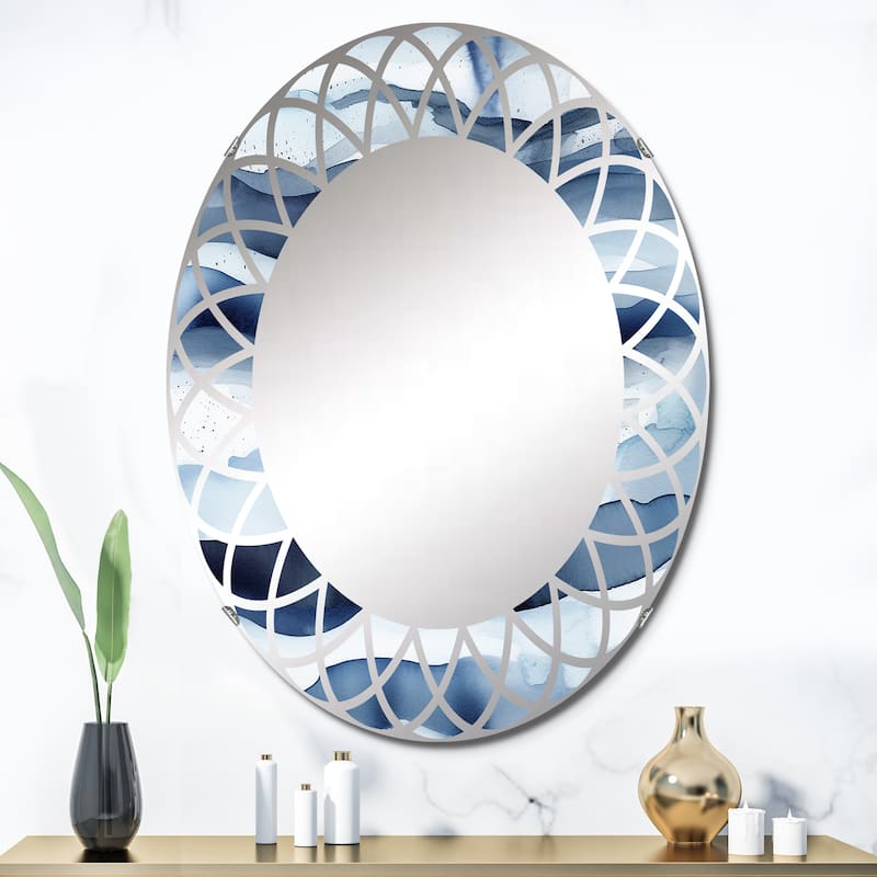 Designart "Abstract Classic Blue Waves II" Fractals Modern Wall Mirror - 24in.x36in.