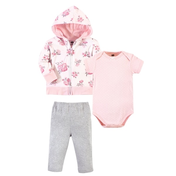 slide 1 of 1, Hudson Baby Infant and Toddler Girl Cotton Hoodie, Bodysuit or Tee Top and Pant Set, Pink Floral Baby 0-3 Months - Pink Floral Baby