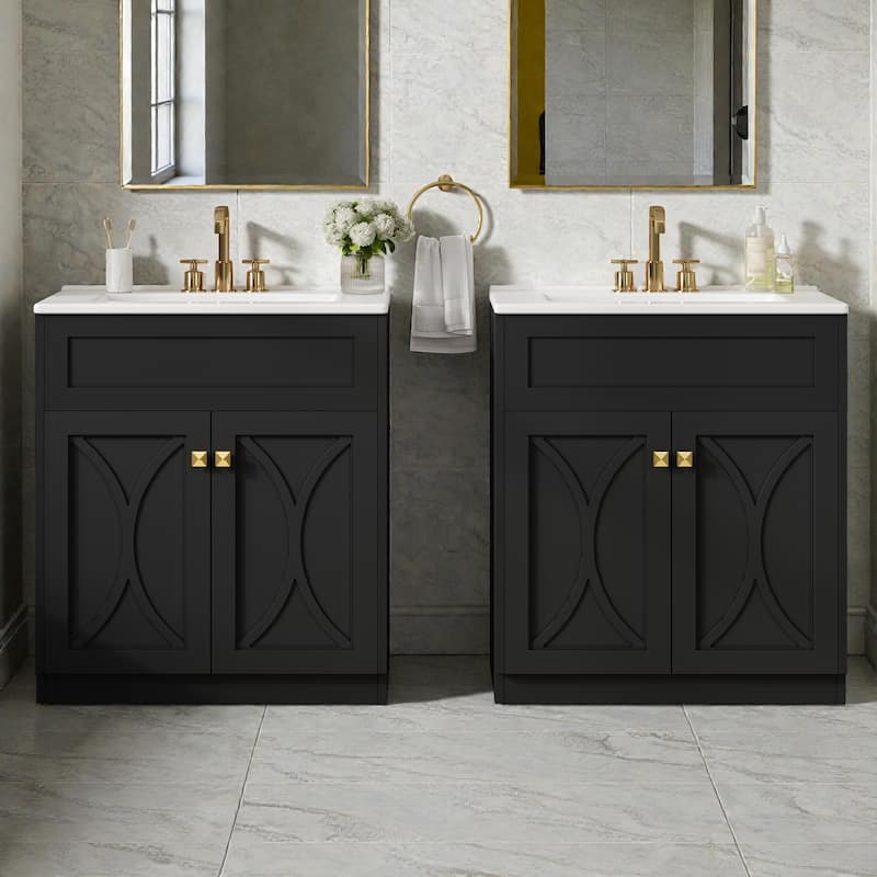 60 Inch Bathroom Vanity Set with Ceramic Sink, Modern Freestanding Storage Cabinet with Gold Handles and Soft Close Doors