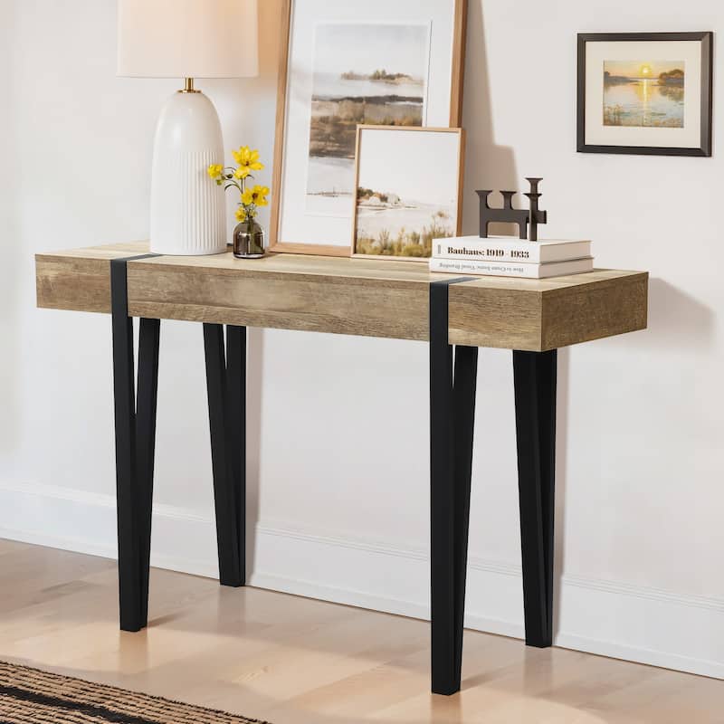 Oak Finish MDF Wood and Black Metal Console Entry Table - 30" H x 47.43" W x 15.75" D