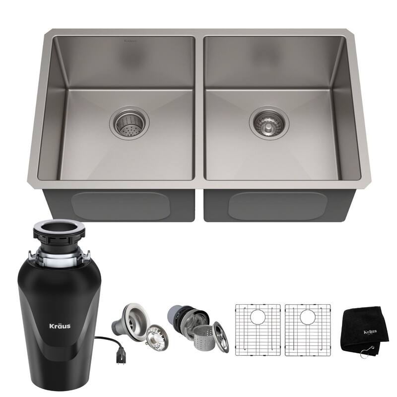 KRAUS Standart PRO Stainless Steel 33 in 50/50 Undermount Kitchen Sink - 32 3/4" L x 19" W (sink KHU102-33) w/ KWD100-75MBL