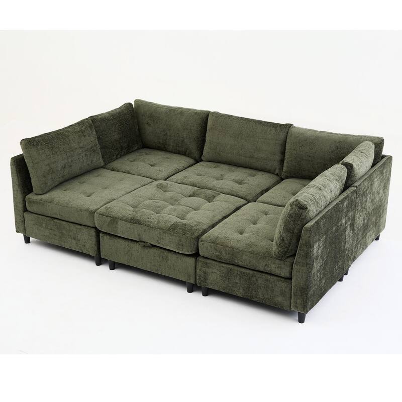 128" Chenille U-Shaped Modular Sectional Sofa with Storage Ottoman, Pocket Spring Support, and 6-Seat Configurable Design