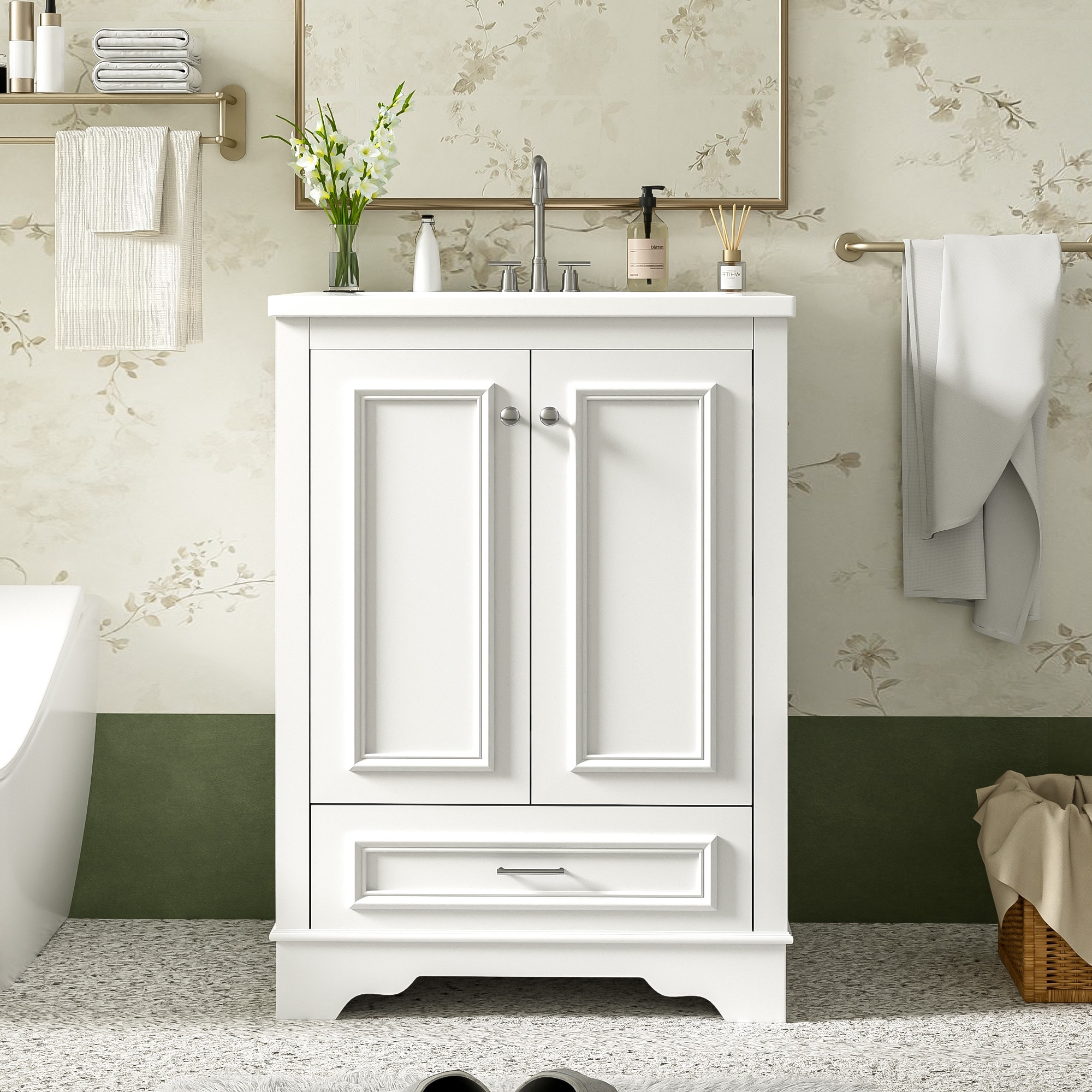 GDFStudio - Halcyon Modern Freestanding Bathroom Vanity with Ceramic Sink and Soft-Closing Storage Doors & Silver Handles