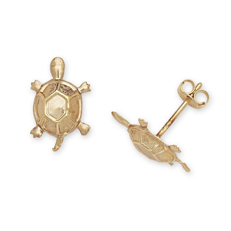 Curata Solid 14K Yellow Gold Animal Stud Earrings - Puppy Dolphin Turtle Owl Earrings for Girls - Turtle
