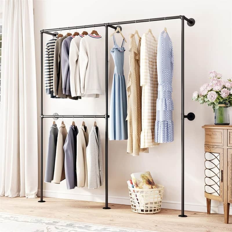 Industrial Pipe Clothing Racks with Double Bar - 43.7"D x 3.74"W x 78.7"H