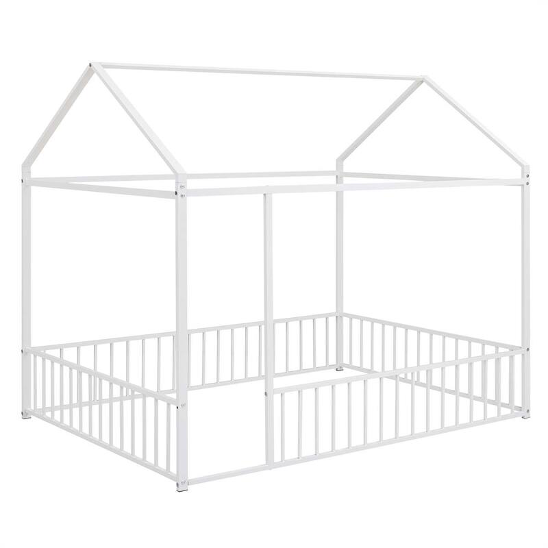 Full Size Metal Bed House Bed Frame with Fence
