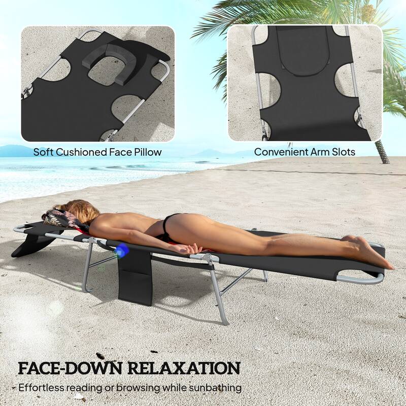 Outsunny Chaise Lounge Chair Outdoor Set of 2 with Face Arm Hole, 5-Position Reclining Face Down Tanning Chair with Carry Strap