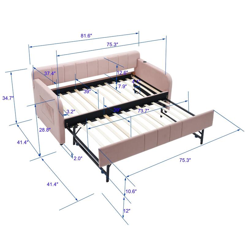 Twin Size Velvet Upholstered Daybed, Wood Sofa Bed Frame Daybed Couch with Trundle Bed and Wood Slat