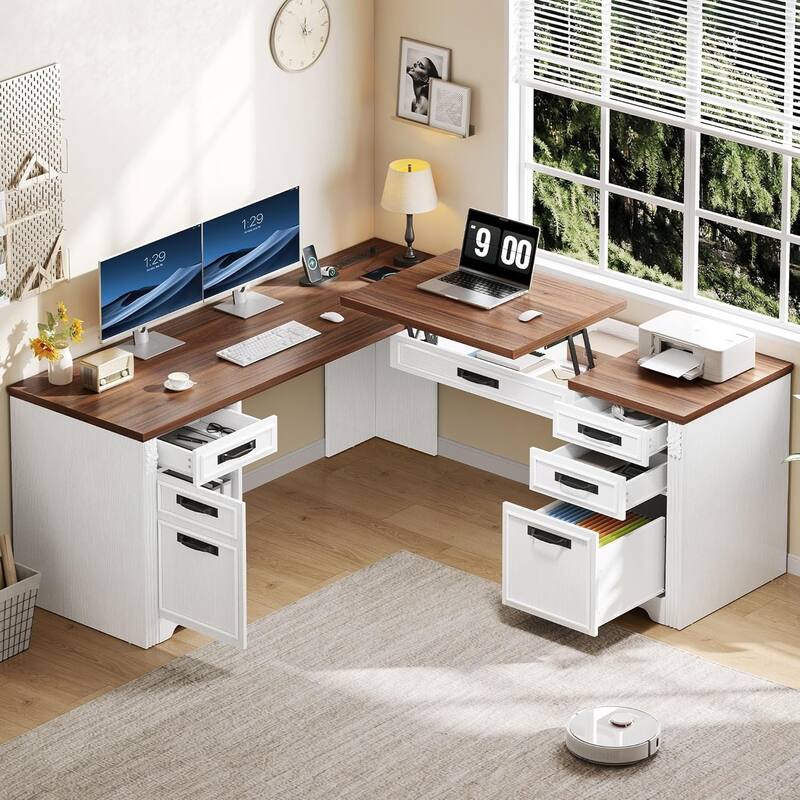 Moasis Farmhouse L Shaped Executive Desk w/Drawers, Lift Top Standing Desk with Cabinet