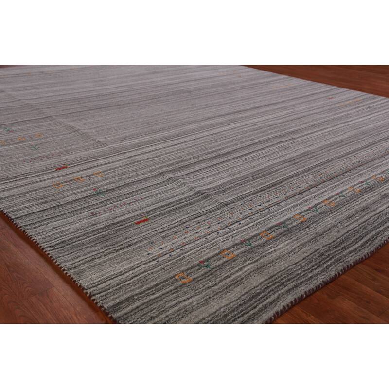 Hand Knotted Oriental 100% Wool Carpet Tribal Stripe Greys & Charcoal Gabbeh Area Rug - 9' 9'' X 8' 1''