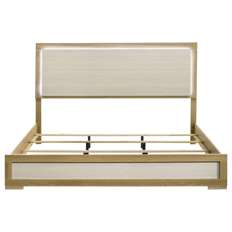 Hyle King Size Bed, Natural Brown Hardwood, LED Backlit Headboard