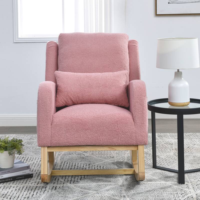 High Back Rocker Accent Chair with Wood Base, One Lumbar Pillow and Two Side Pockets