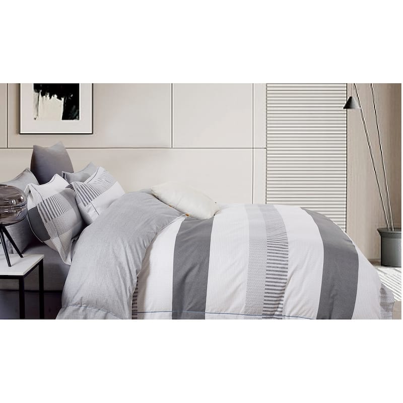 Wilhelm -B White/Gray Striped 100% Cotton Reversile Comforter Set