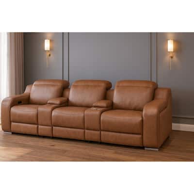 HomeRoots 129" Chestnut Italian Leather Reclining USB Sofa