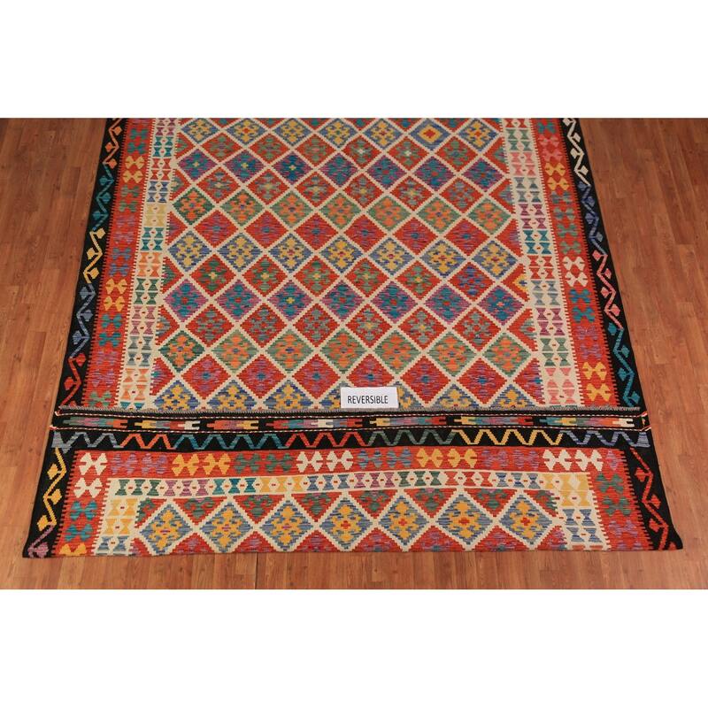 Geometric Trellis Kilim Area Rug Handmade Wool Carpet - 8'8"x 11'4"