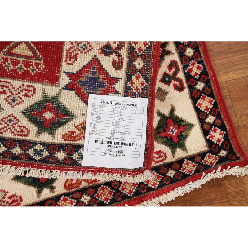 Red Geometric Kazak Oriental Accent Rug Hand-Knotted Wool Carpet - 2'0"x 3'0"