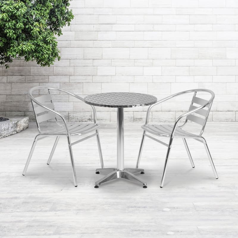 23.5" Round Aluminum Indoor-Outdoor Table Set with 2 Slat Back Chairs - Grey