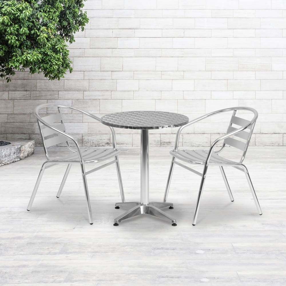 23.5" Round Aluminum Indoor-Outdoor Table Set with 2 Slat Back Chairs