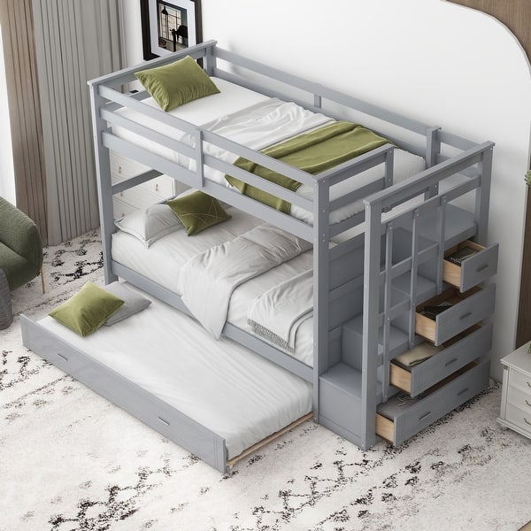 slide 2 of 55, Multifunctional Twin Over Twin Bunk Bed with Trundle and Staircase Gray