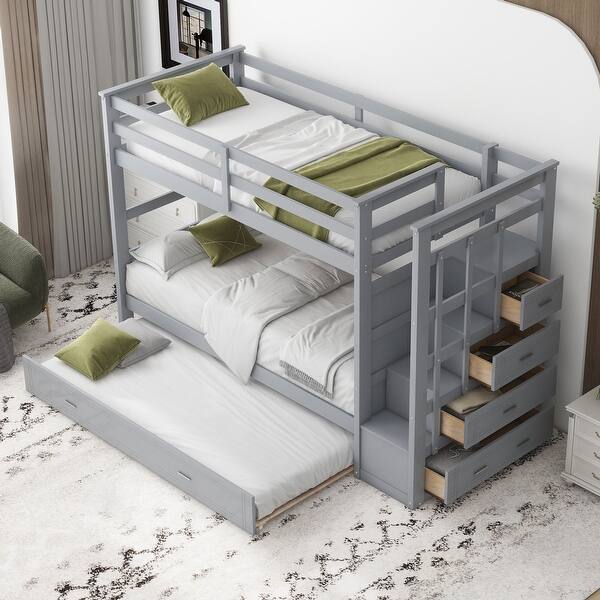 slide 2 of 52, Twin Over Twin Bunk Bed with Trundle and Storage Drawers, Solid Wood Gray