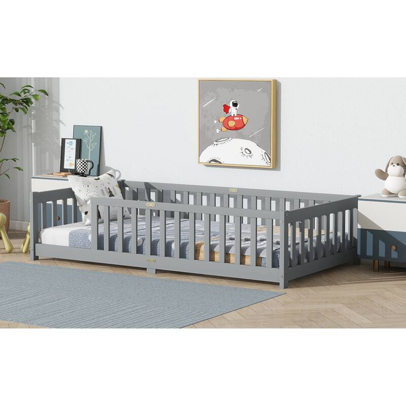 Roomfitters Twin Rubber Wood Floor Bed with Fence, Safety Guardrails, Low Profile Platform Design
