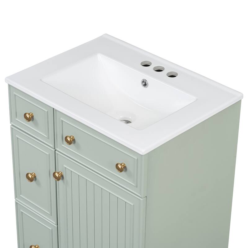24 Inch Bathroom Vanity Cabinet with Ceramic Sink, 2 Drawers & Door, Bathroom Storage Cabinet Free-standing Single Sink Cabinet