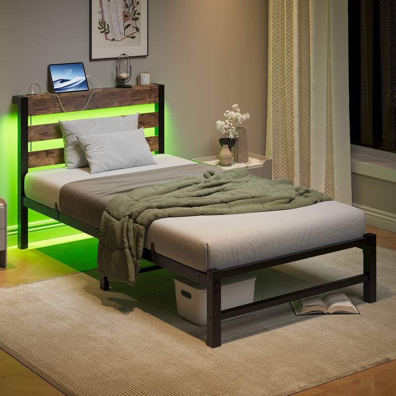 Twin Size Modern Metal Bed with Wooden Headboard, RGB Lights, and Storage Shelf - Beige+Brown - Twin