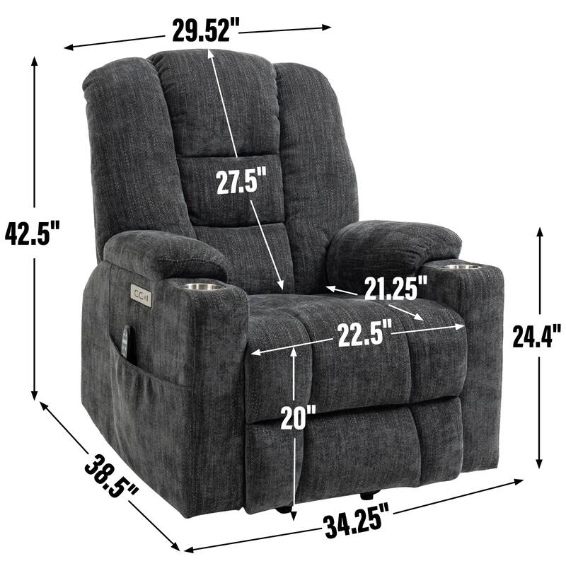 Grey Large Power Lift Recliner with Heat, USB & Cup Holders