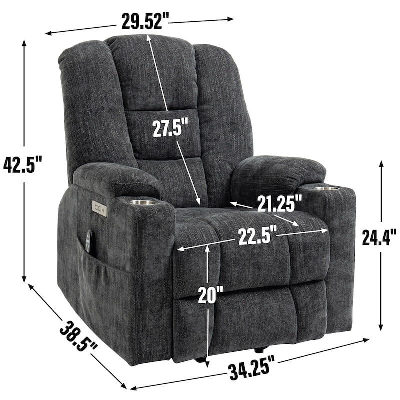 Modern Power Lift Recliner Chair Heat Massage Chair Upholstery Single Sofa with Dual USB Ports and Cup Holders