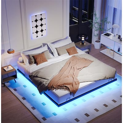 King Size Floating Bed Frames with LED Lights,Metal Platform Bed