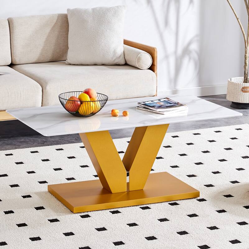 Modern Minimalist Coffee Table. Tempered Glass With Stickers Tabletop,En Mdf Pillars