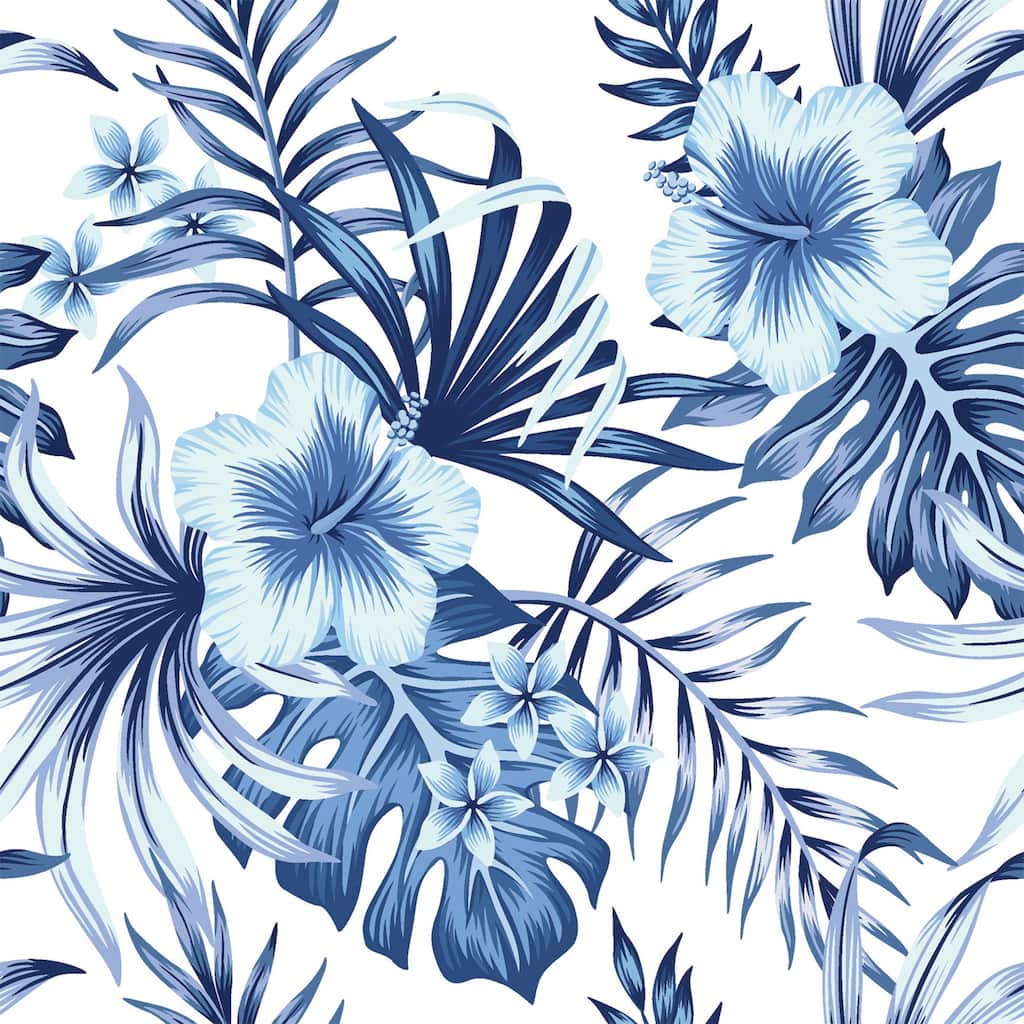 Hibiscus Plumeria Floral Blue Palm Leaves Removable Wallpaper - 24'' inch x 10'ft