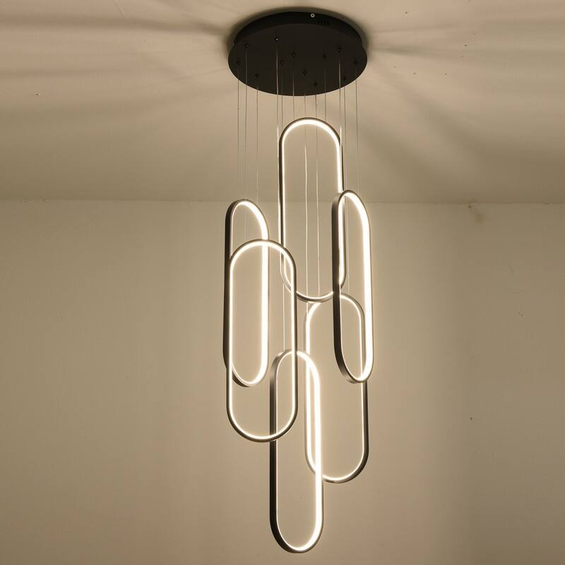 Modern Chandelier 6 Ring Adjustable Height Long Staircase LED Chandeliers Foyer Ceiling Light
