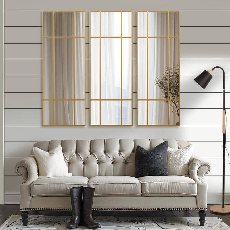 Iron Metal Frame Rectangular Windowpane Wall Mirror Farmhouse Rustic Elegant Decor for Living Room Bedroom Bathroom Entryway