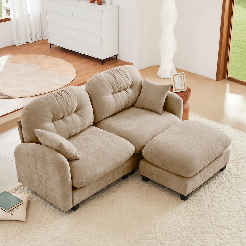2 Seat Chenille Sofa Round Arms Sectional Sofa, Modern 74" Tufted Back Couch with Ottoman for Lving Room, Small Space - Camel-1 Ottoman