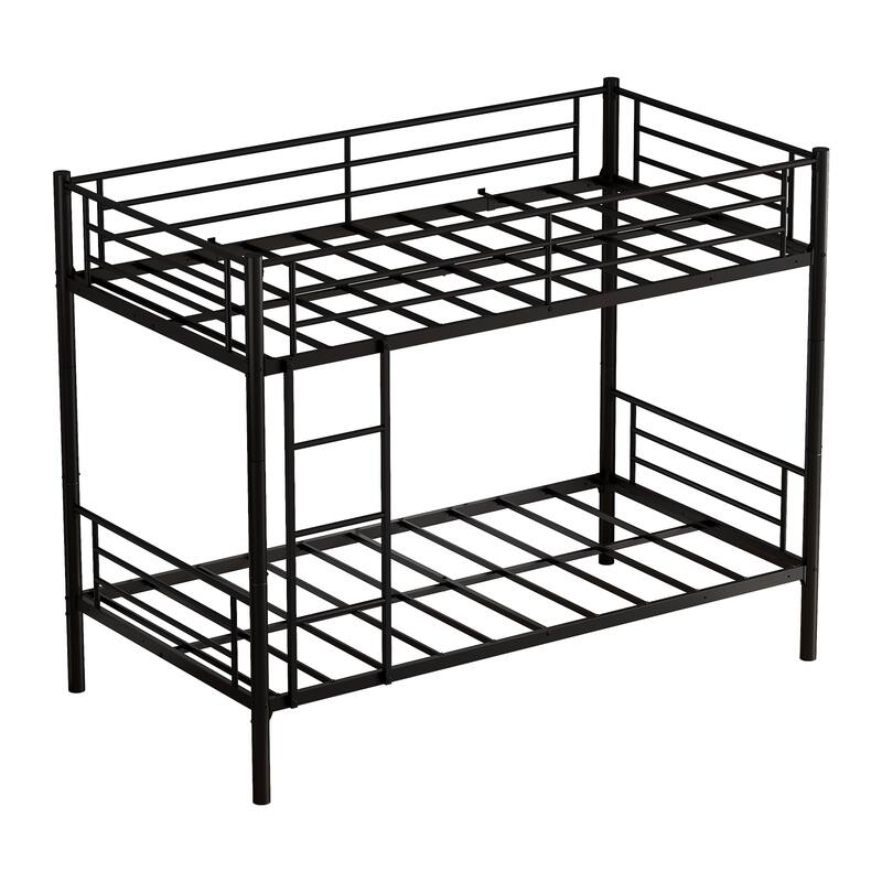 Twin Over Twin Bunk Bed Metal Frame Black Finish Ladder Guardrail