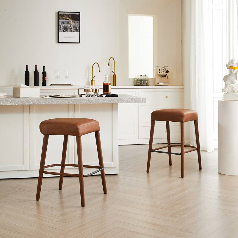Set of 2 Counter Height Backless Brown Faux Leather Bar Stool - Comfortable Padded Seat with Sturdy Metal Legs