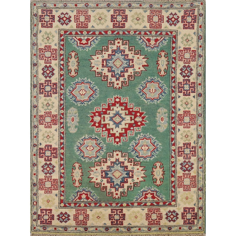 Green Kazak Foyer Rug Handmade Geometric Wool Carpet - 2'8"x 3'9"