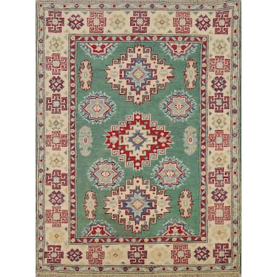 Green Kazak Foyer Rug Handmade Geometric Wool Carpet - 2'8"x 3'9"