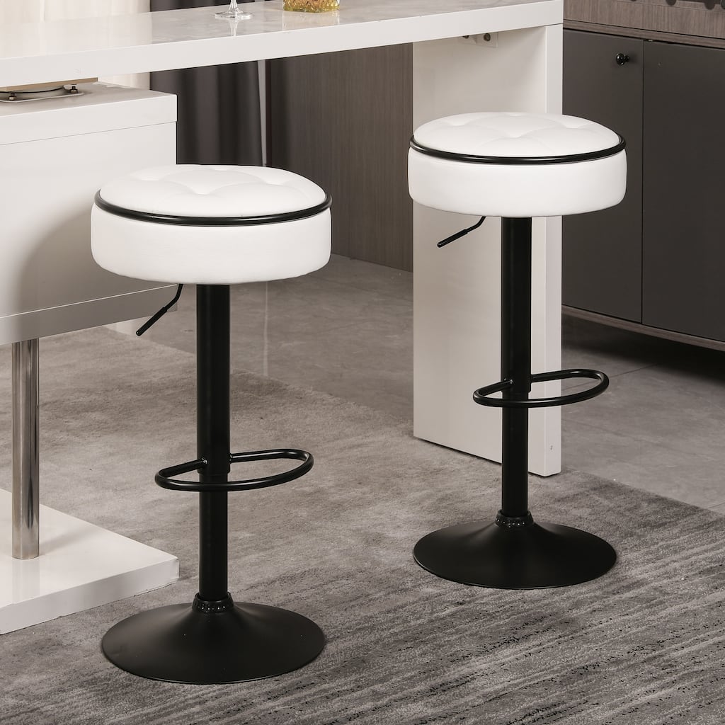 Modern PU Height Adjustable Swivel Bar Stool with Storage, Set of 2