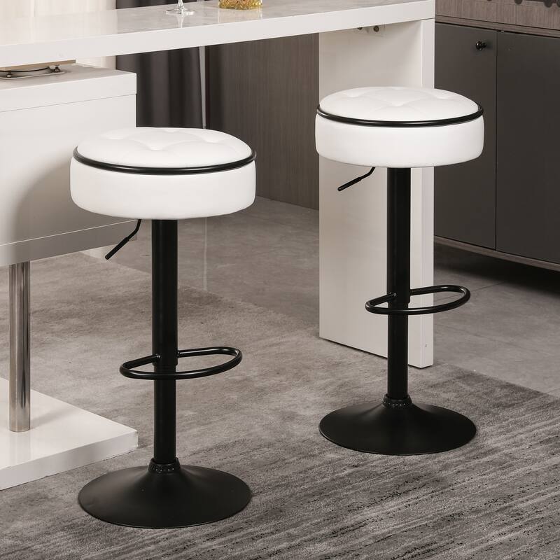 Round Storage Bar Stool Set of 2, Swivel Counter Height Chairs with Metal Frame, Faux Leather Armless Bar Chair