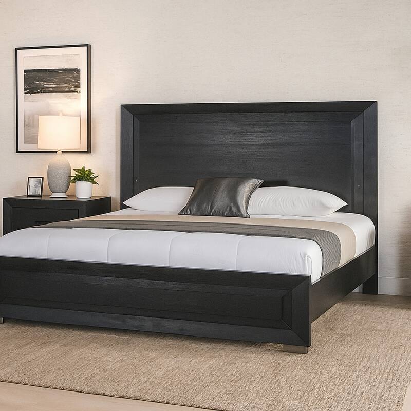 Ashen California King Bed, LED Headboard, Chrome Metal Legs, Black Wood