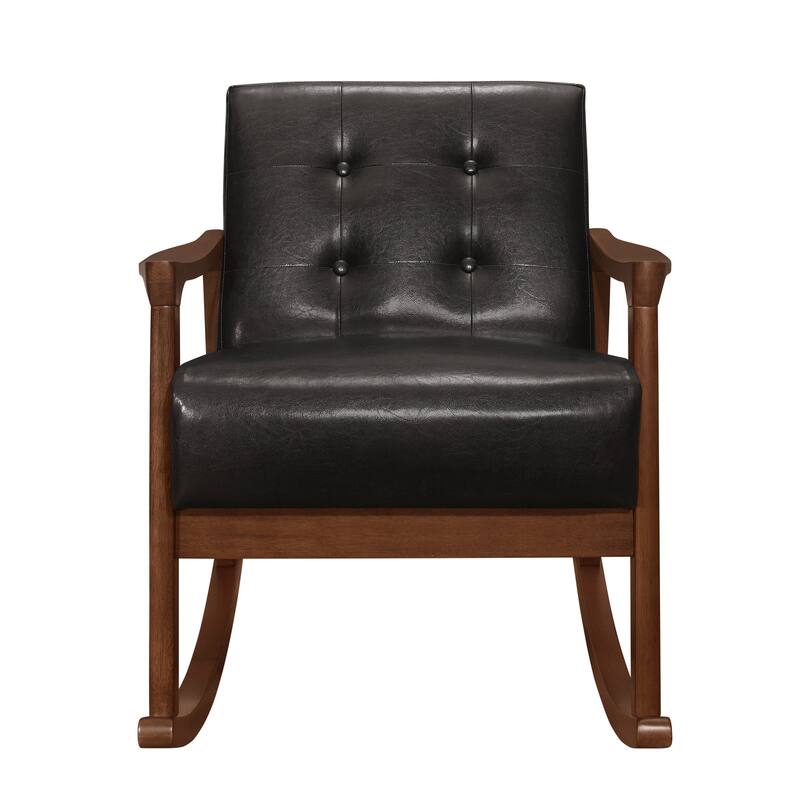 Ciao 37 Inch Rocking Chair Armchair, Dark Brown Faux Leather, Solid Wood