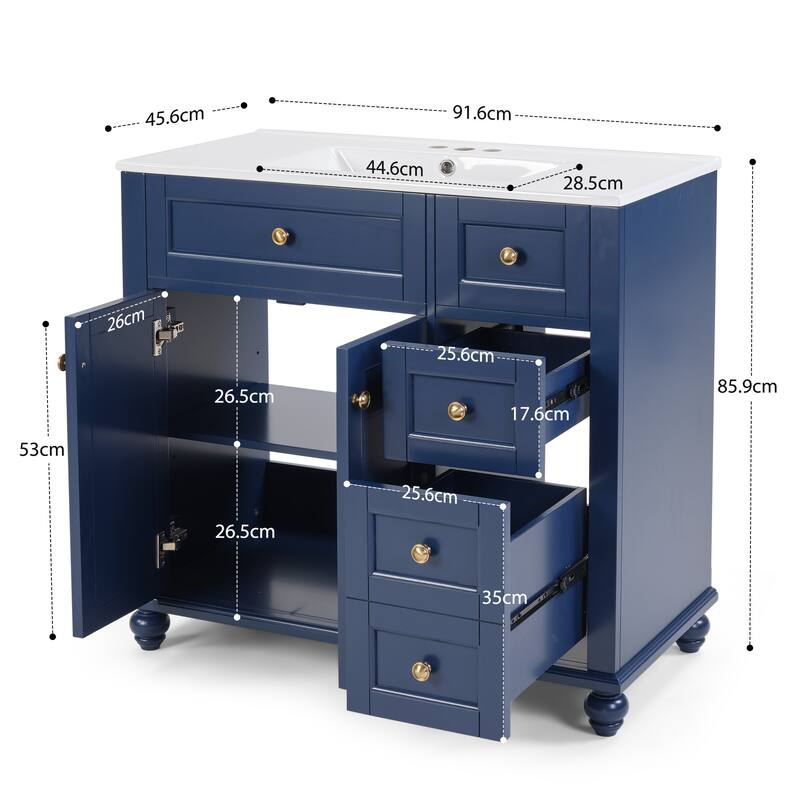 36" Blue Bathroom Vanity with Ceramic Sink - Soft-Close Drawers, Solid Wood Frame, Multi-Organizer Storage