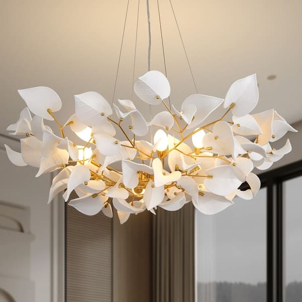slide 2 of 74, KAYLA 31.5" 6-Light Luxury Gold Chandelier, Modern Ceramic Leaf Branch 39.4in 8-Light - Gold