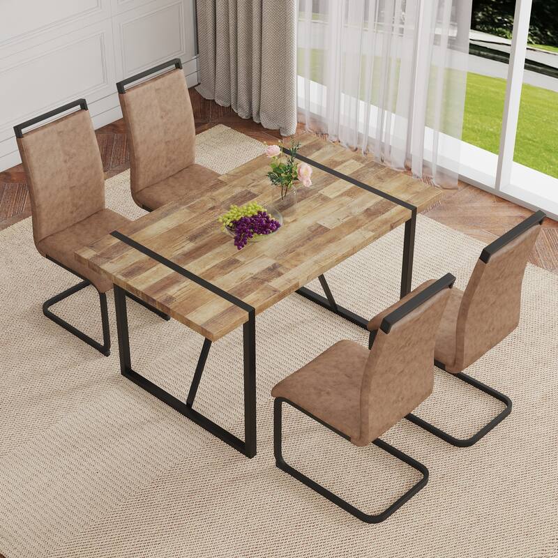 Roomfitters 5/7pcs Retro Style Dining Table Set with Technology Fabric Chairs and Arched Black Metal Legs, Brown